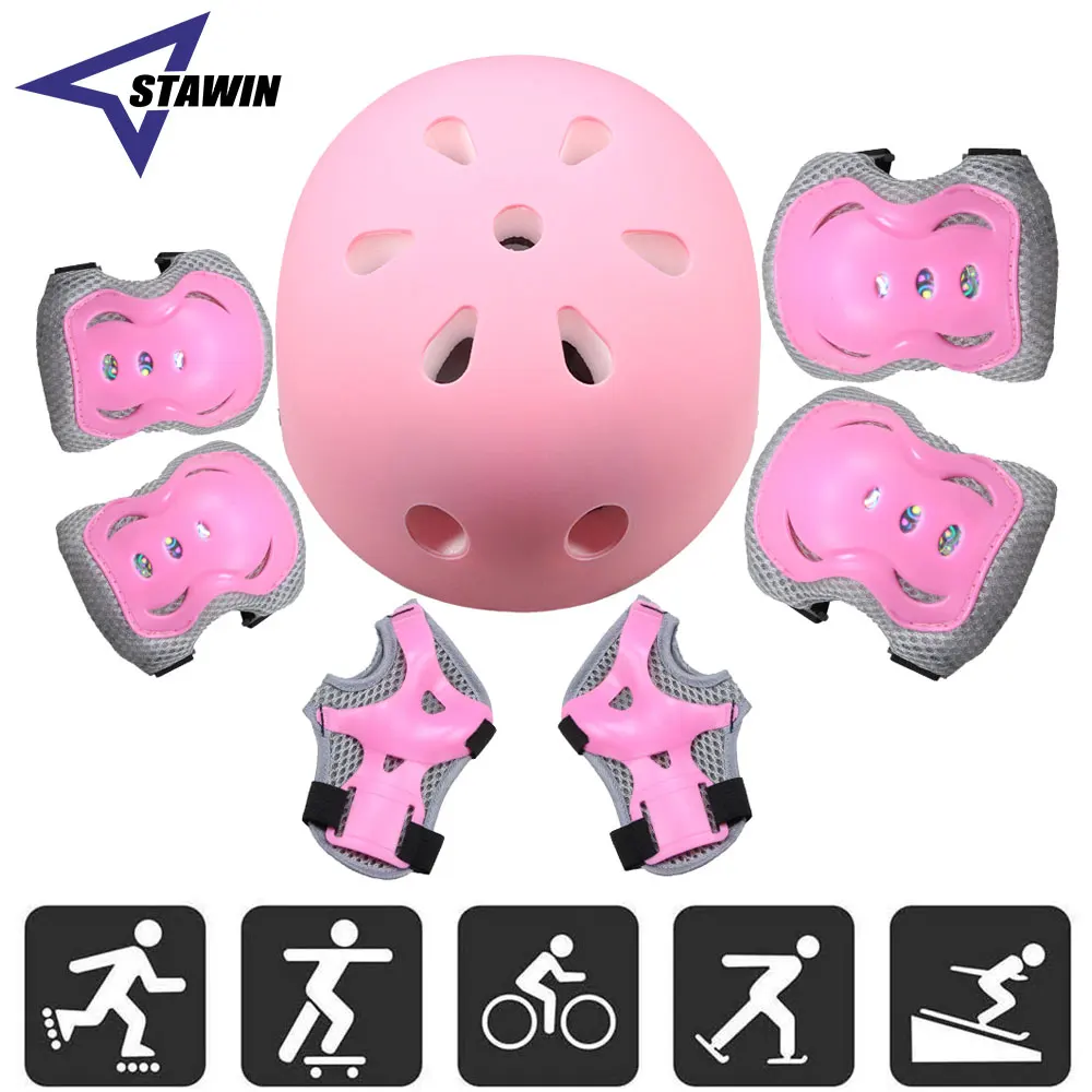Scooter Helmet Set - 7 ชิ้น/เซ็ตหมวกกันน็อคจักรยานเด็กสเก็ตบอร์ดเข่า Pads, เด็กหญิง 3-10yrs สายรัดข้อมือสําหรับกีฬาขี่จักรยานจักรยาน