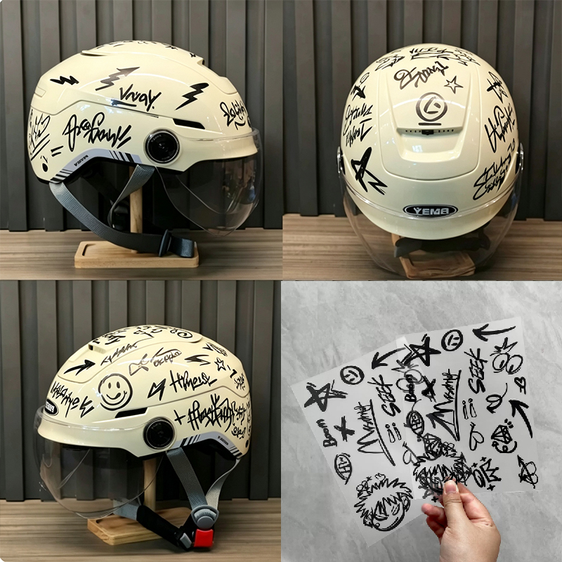 Scooter Helmet Set - ชุดสติกเกอร์ลายกราฟฟิตี้สไตล์พังก์สำหรับหมวกกันน็อคมอเตอร์ไซค์ 2 ชิ้น สำหรับรถยนต์ สกู๊ตเตอร์ จักรยาน